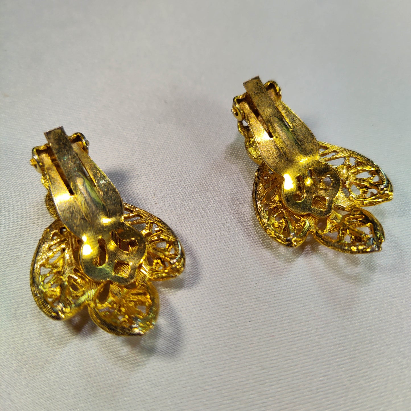 1950's Gold Tone Filigree, Pink Flower and Red Rhinestone Spray Leaf Earrings