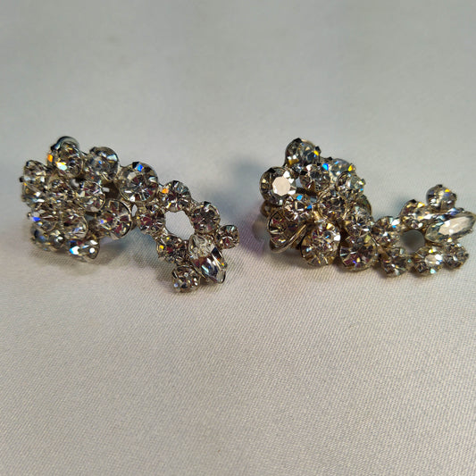 1950's Vintage Clear Rhinestone Flower Spray Clip Earrings