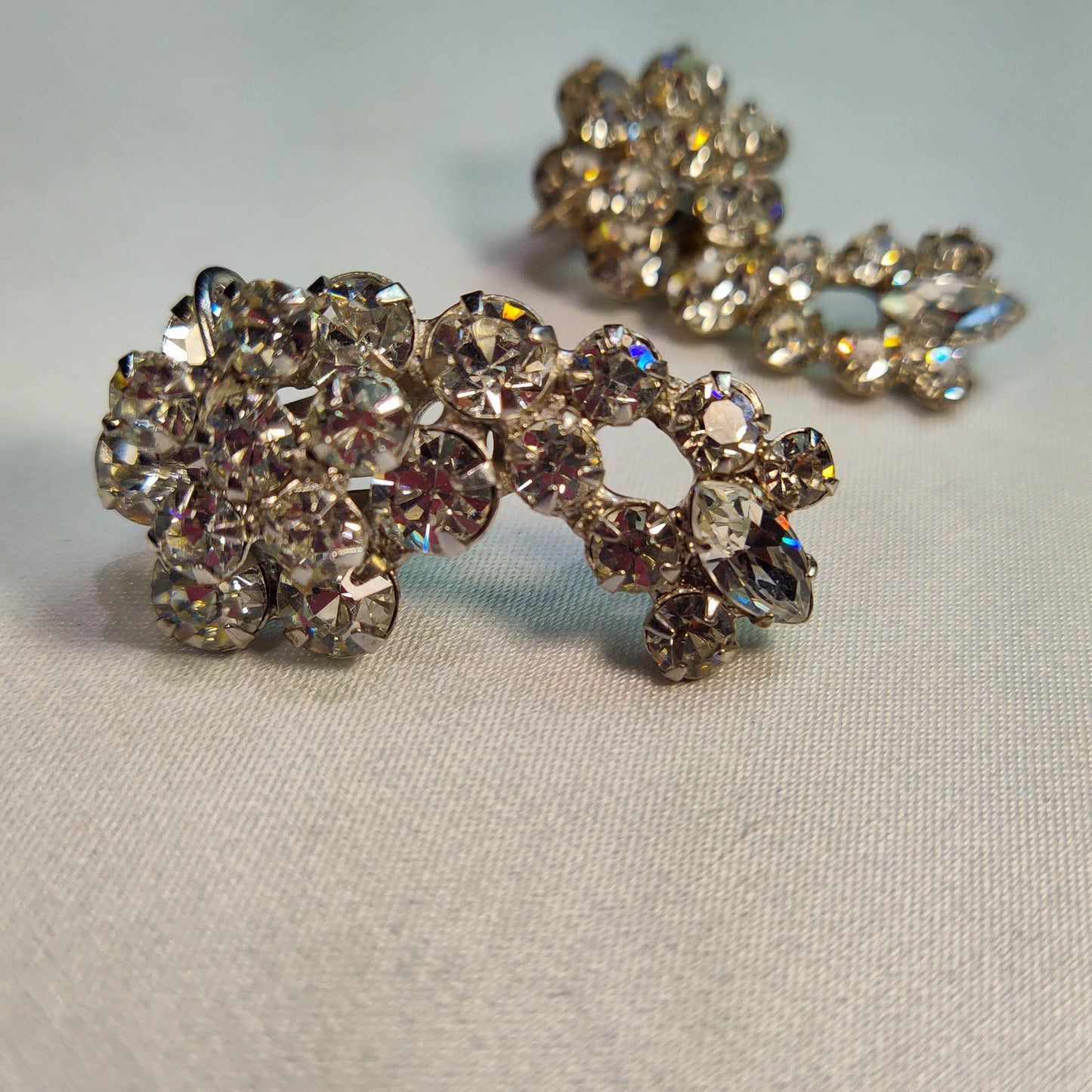 1950's Clear Rhinestone Flower Spray Clip Earrings