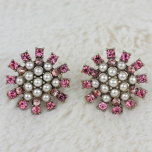 1950's Vintage Pink Rhinestone and Pearl Bead Clip Starburst Earrings