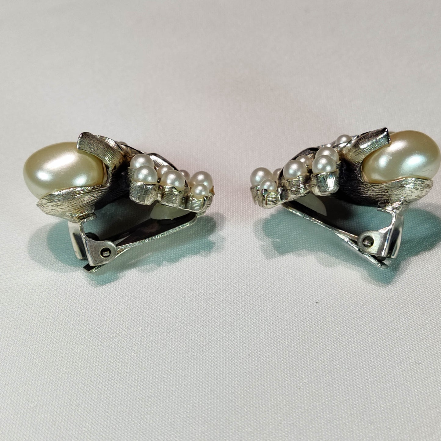 1950's Silver Tone Metal and Pearl Bead Cluster Clip Earrings by Tortolani