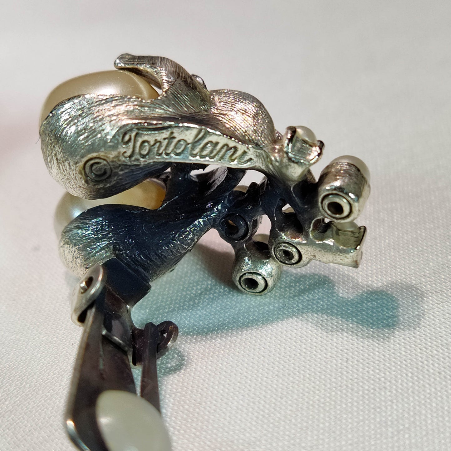 1950's Silver Tone Metal and Pearl Bead Cluster Clip Earrings by Tortolani