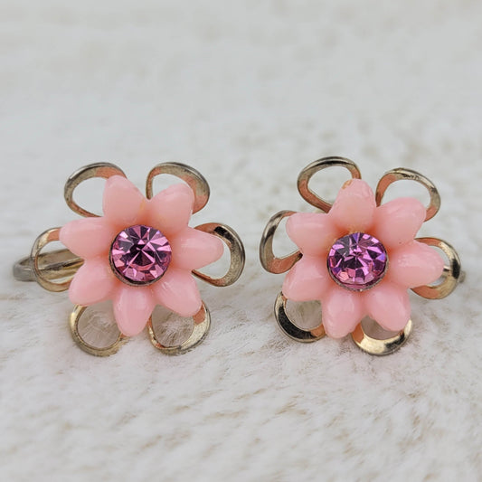 1950's Vintage Pink Lucite and Rhinestone Flower Screwback Earrings