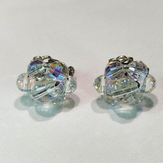 1950's Vintage Aurora Borealis Bead Cluster Clip Earrings