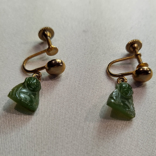 1970's Vintage Jade Stone Buddha Screw Back Earrings