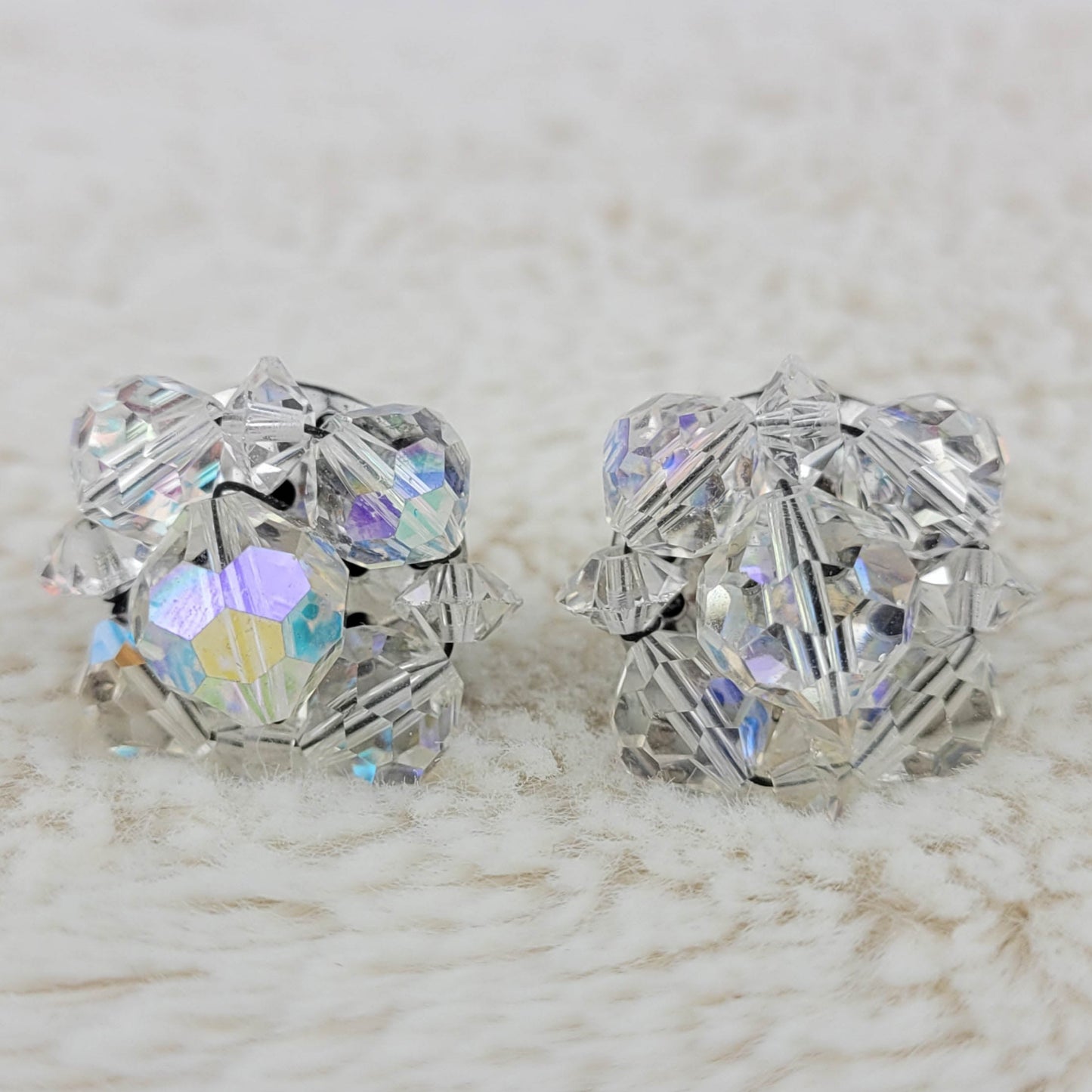 1950's Aurora Borealis Bead Cluster Clip Earrings