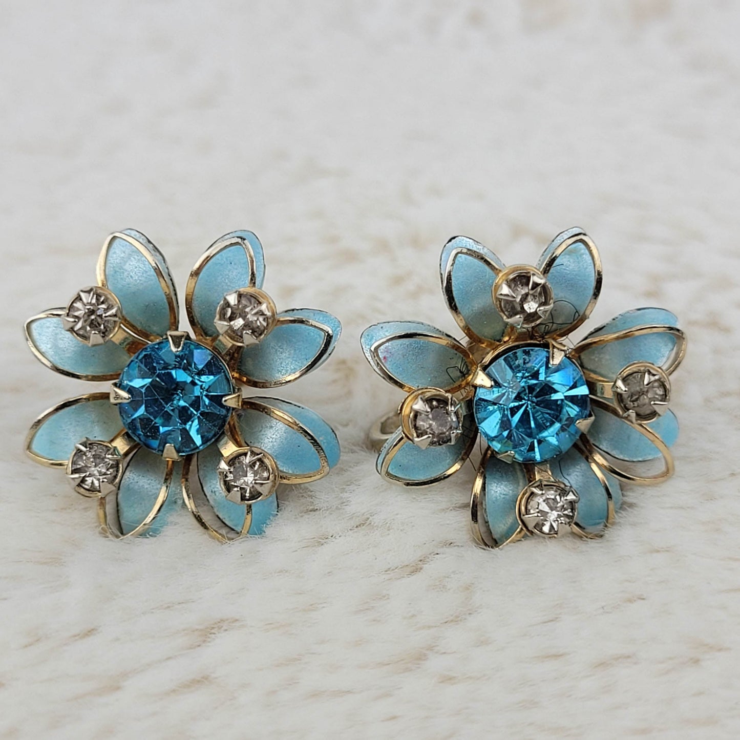 1940's Blue Enamel and Rhinestone Flower Screwback Earrings by Prestige