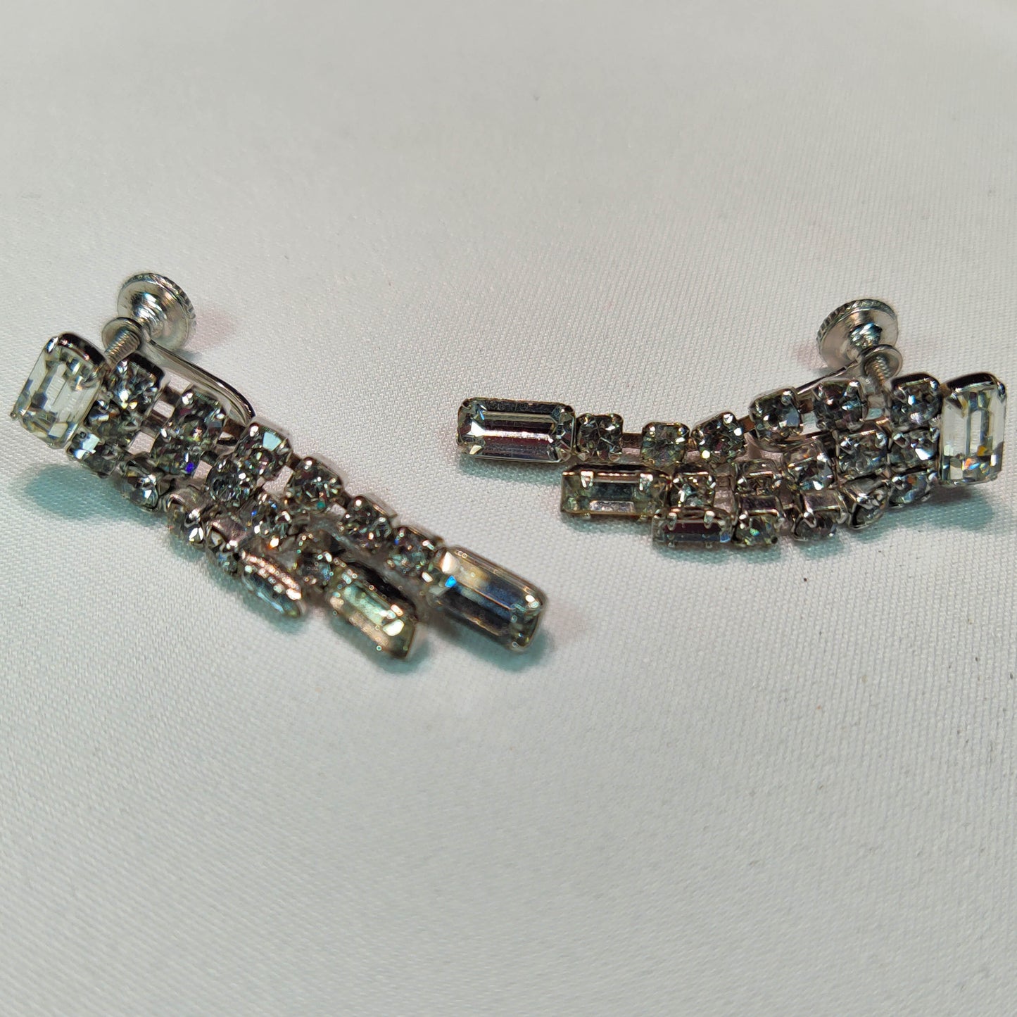1950's Clear Rhinestone Dangle Screw Back Waterfall Earrings