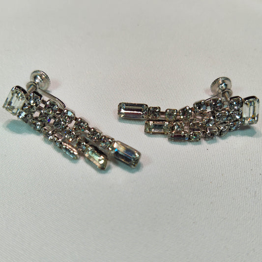 1950's Vintage Clear Rhinestone Dangle Screw Back Waterfall Earrings