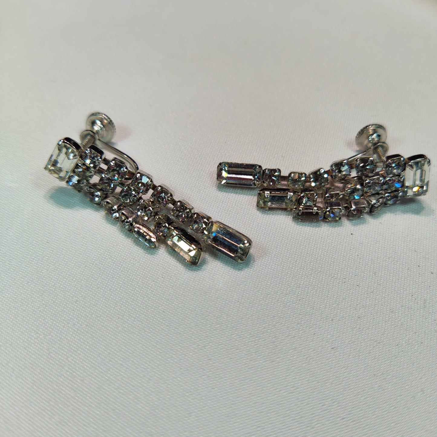 1950's Clear Rhinestone Dangle Screw Back Waterfall Earrings