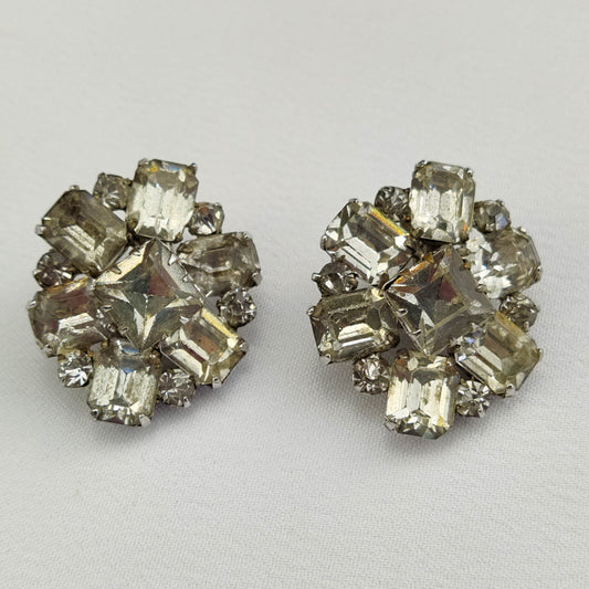 1950's Vintage Clear Baguette Rhinestones Star Clip Earrings