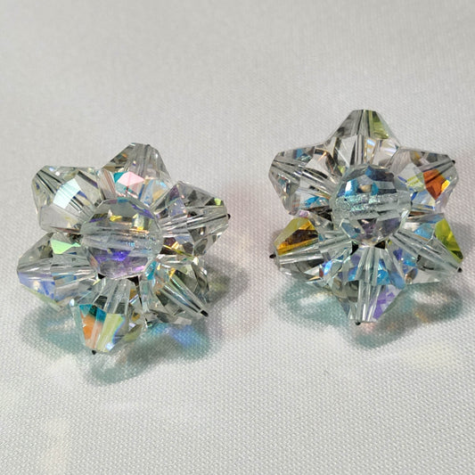 1950's Vintage Clear Bead Starbust Cluster Clip Earrings