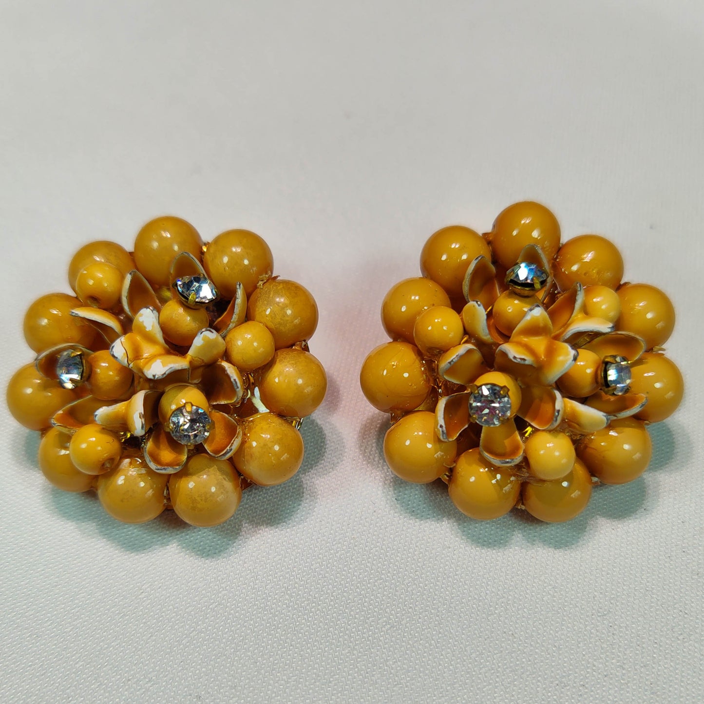 1950's Dark Yellow Bead, Rhinestone and Enamel Flower Clip Earrings