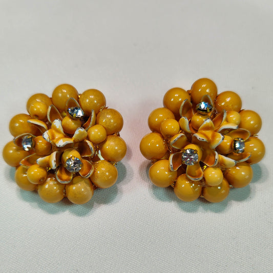 1950's Vintage Dark Yellow Bead, Rhinestone and Enamel Flower Clip Earrings