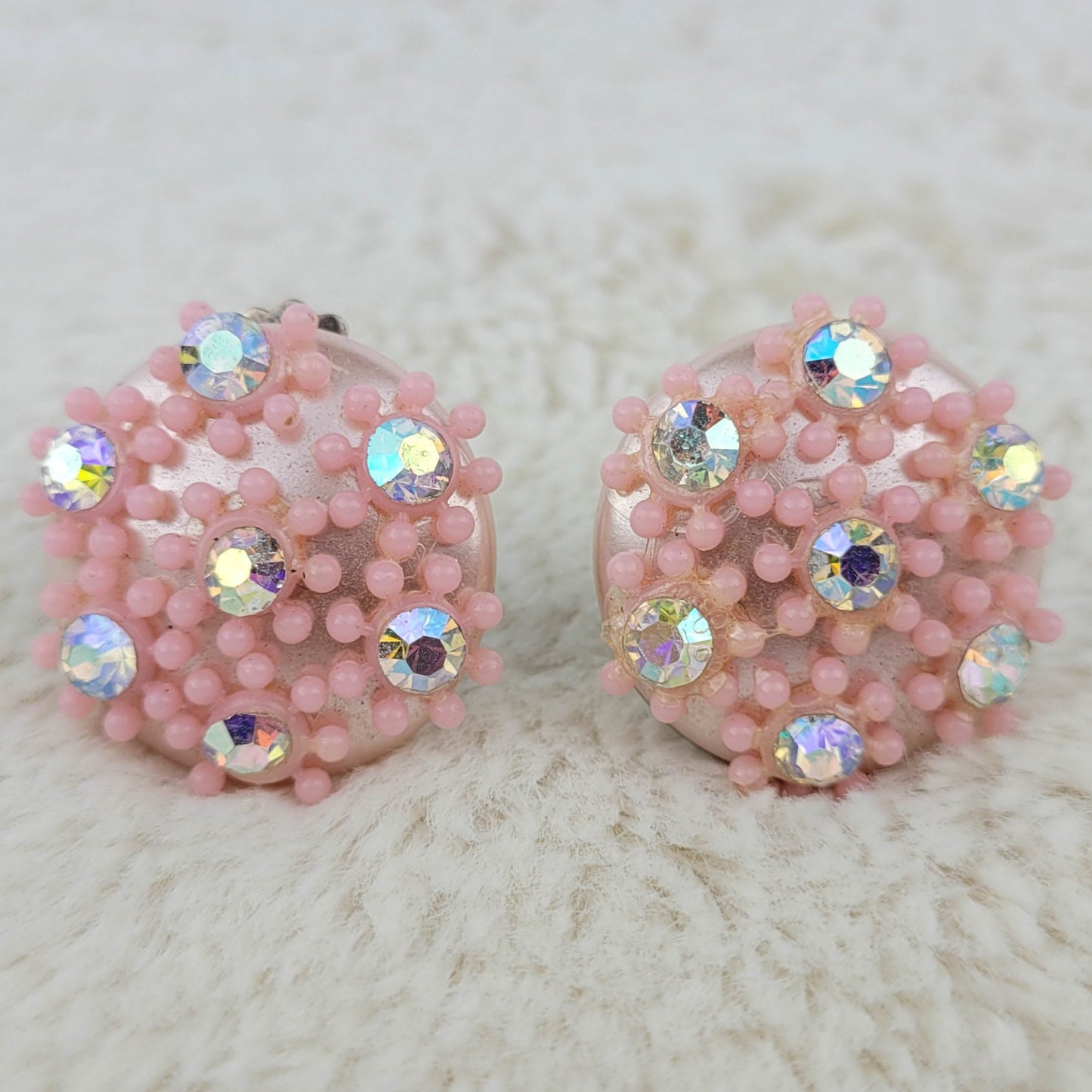 1950's Pink Lucite and Aurora Borealis Circular Clip Earrings