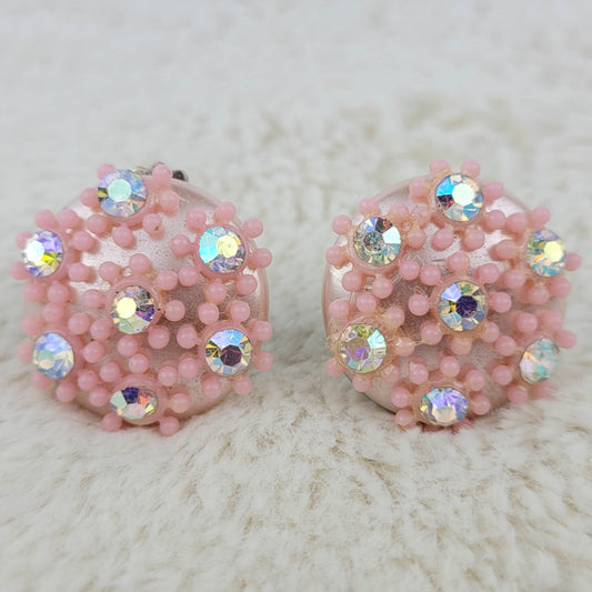 1950's Vintage Pink Lucite and Aurora Borealis Circular Clip Earrings