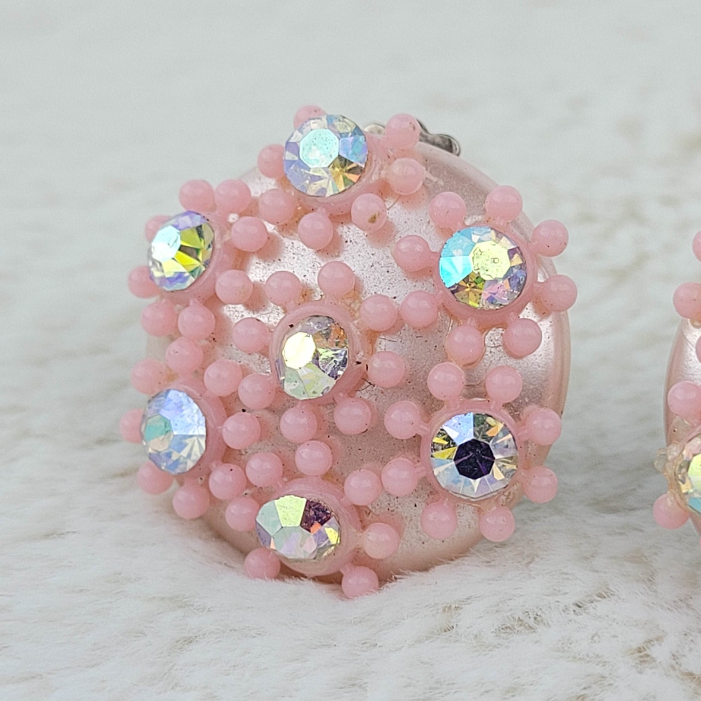 1950's Pink Lucite and Aurora Borealis Circular Clip Earrings