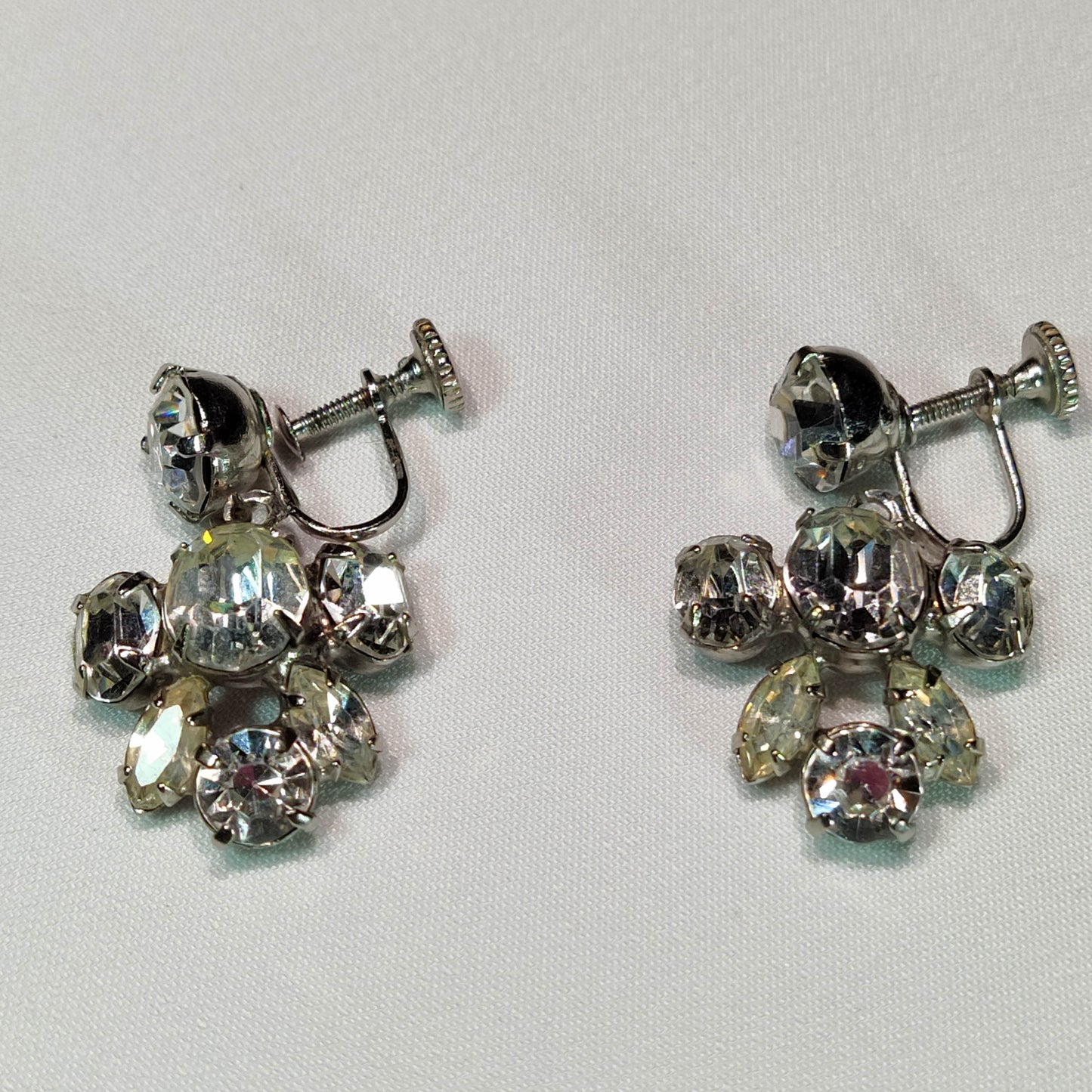 1940's Clear Rhinestone Cluster Screwback Dangle Earrings