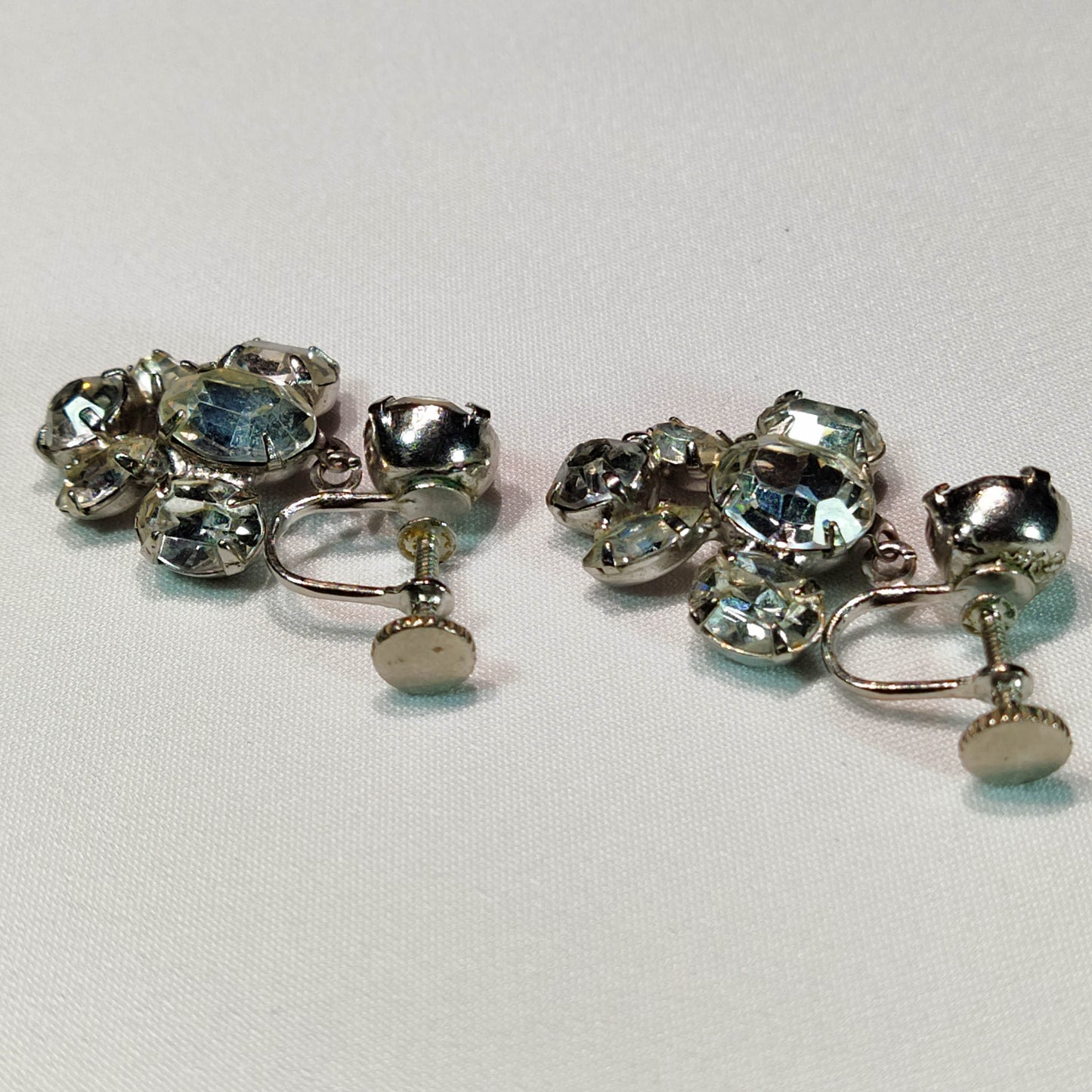 1940's Clear Rhinestone Cluster Screwback Dangle Earrings