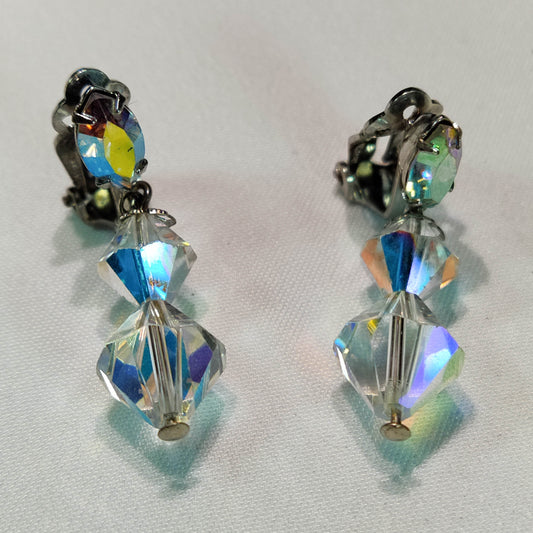 1950's Vintage Crystal Drop Earrings with Aurora Borealis Stud