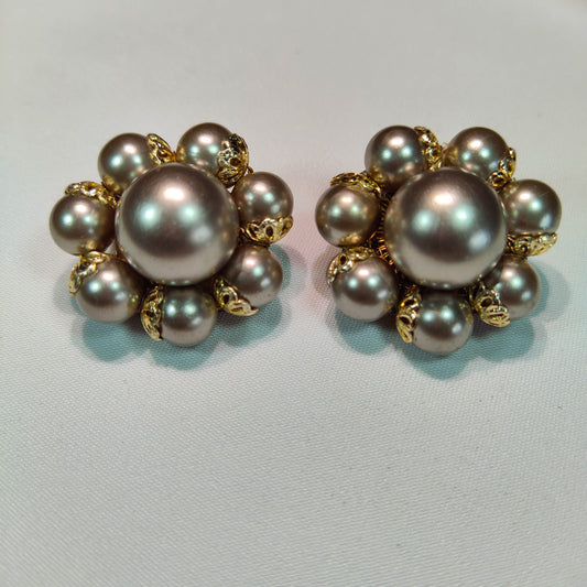 1950's Vintage Silver Bead and Gold Tone Cluster Clip Earrings Made in Japan