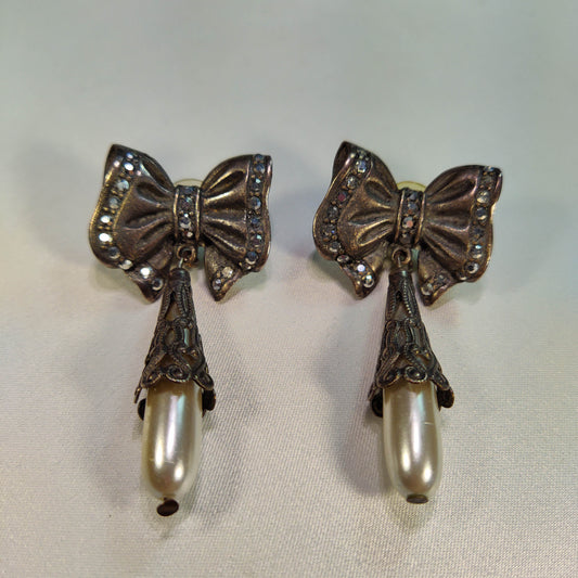 1970's Vintage Metal Bow Tie with Rhinestones and Pearl Bead Dangle Pierced Earrings