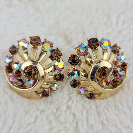 1950's Vintage Circular Gold Tone Metal Earrings with Aurora Borealis Rhinestones by Trifari