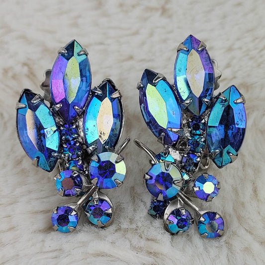 1950's Vintage Blue Aurora Borealis Stone Cluster Earrings