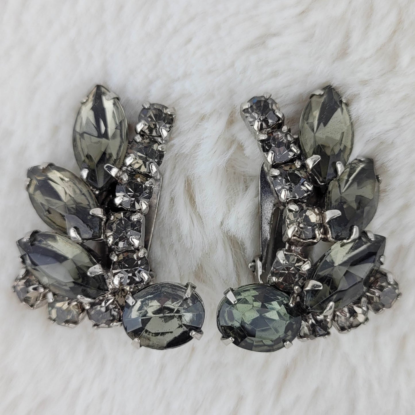 1950's Smokey Gray Rhinestone Spray Clip Earrings