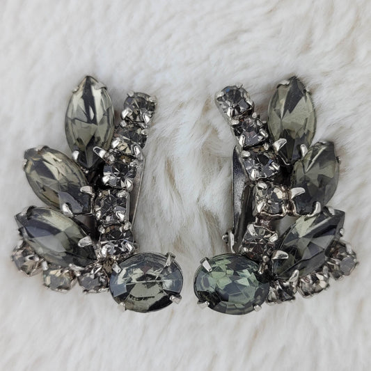 1950's Vintage Smokey Gray Rhinestone Spray Clip Earrings