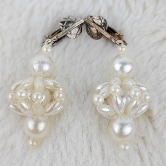 1950's Vintage Pearl Bead Chandelier Clip Earrings