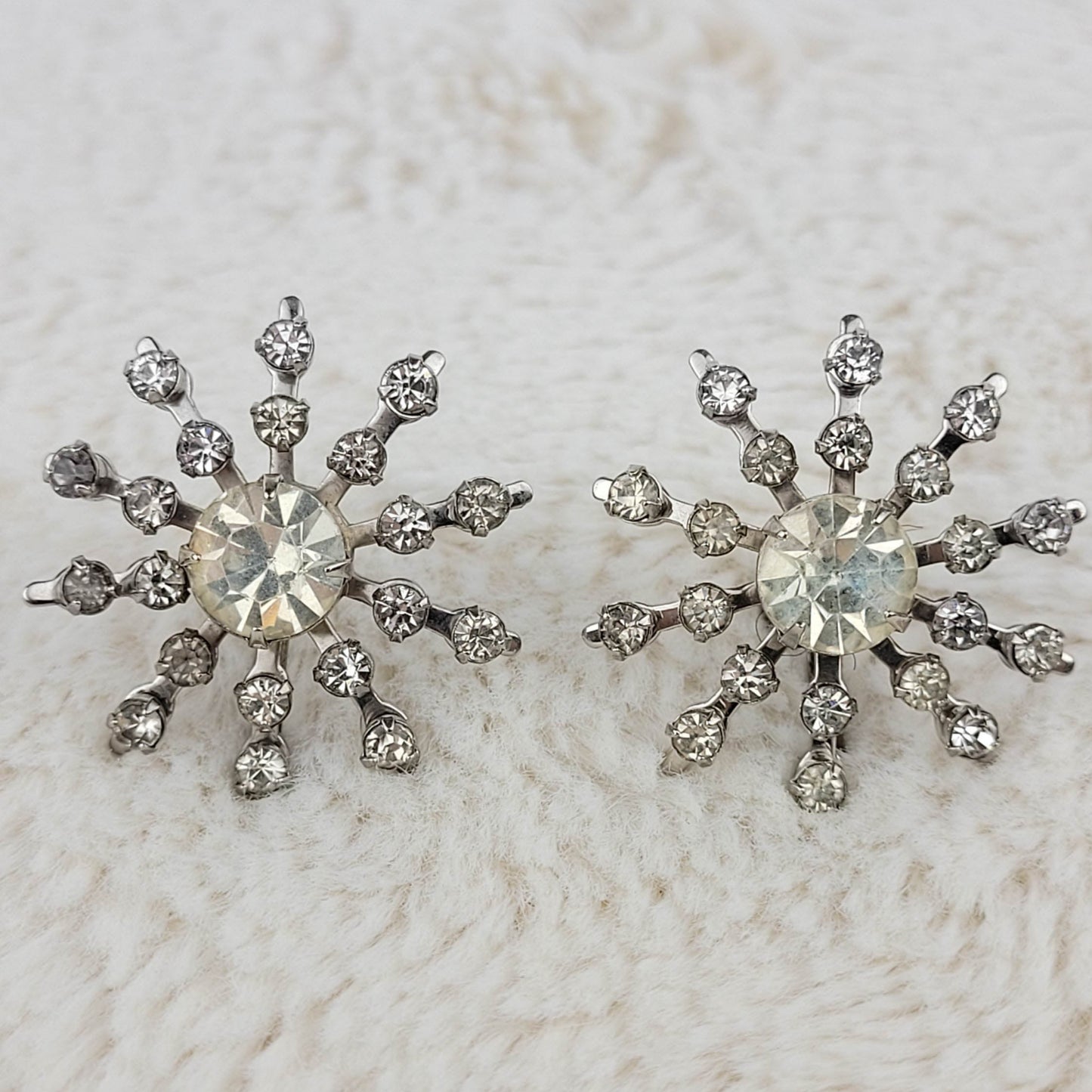 1950's Clear Rhinestone Starburst Clip Earrings