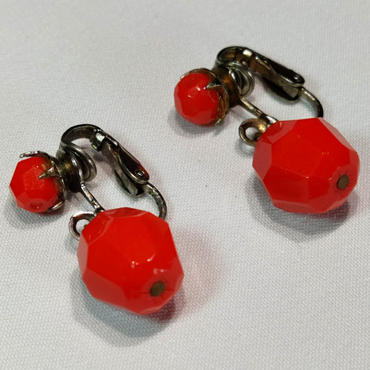 1960's Vintage Red Bead Dangle Clip Earrings