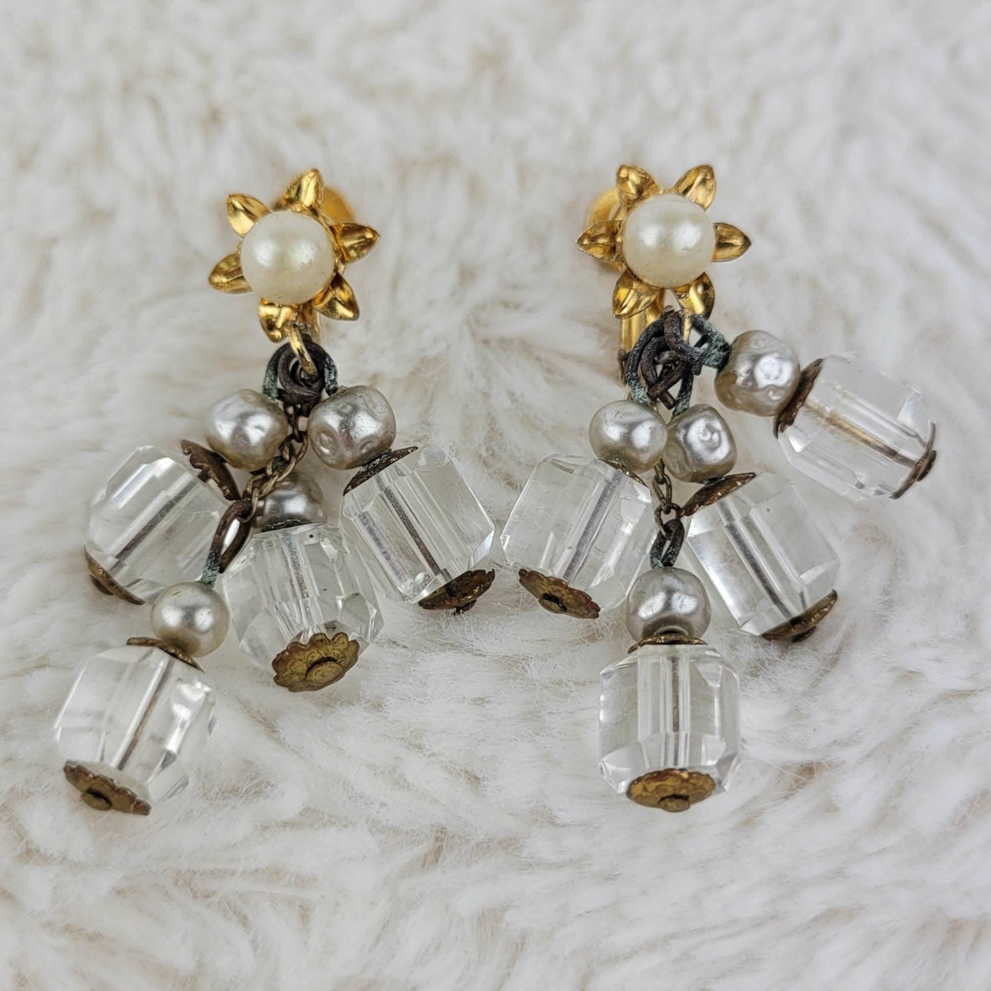 1950's Vintage Clear Bead Cluster Dangle Earrings with a Pearl Bead Stud