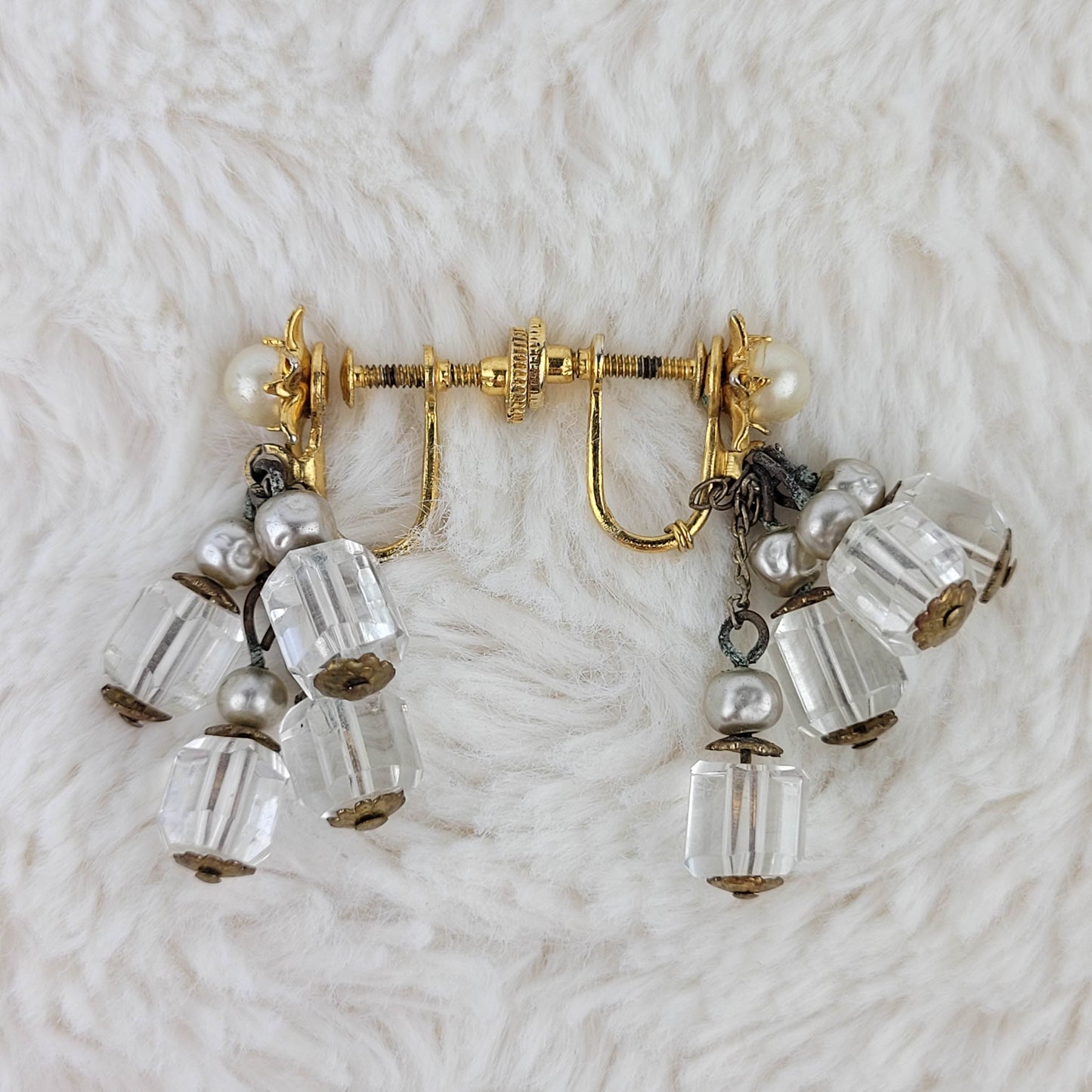 1950's Vintage Clear Bead Cluster Dangle Earrings with a Pearl Bead Stud