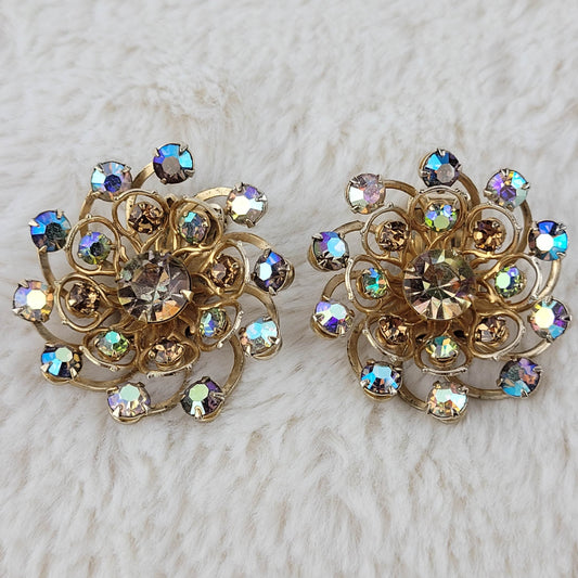 1950's Vintage Aurora Borealis Rhinestone Circle Clip Earrings