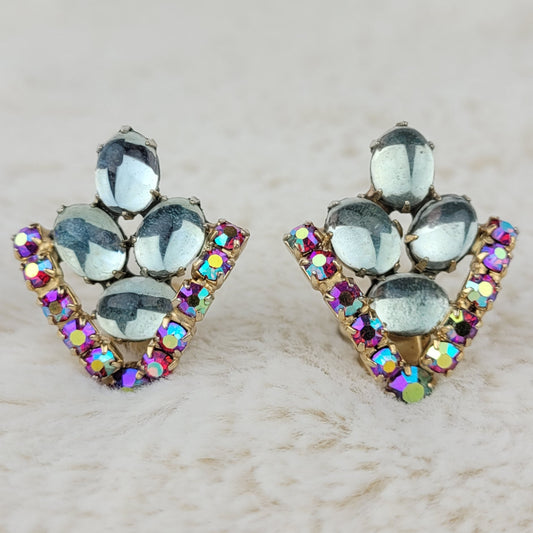 1950's Vintage Red Aurora Borealis and Moon Stone Clip Earrings