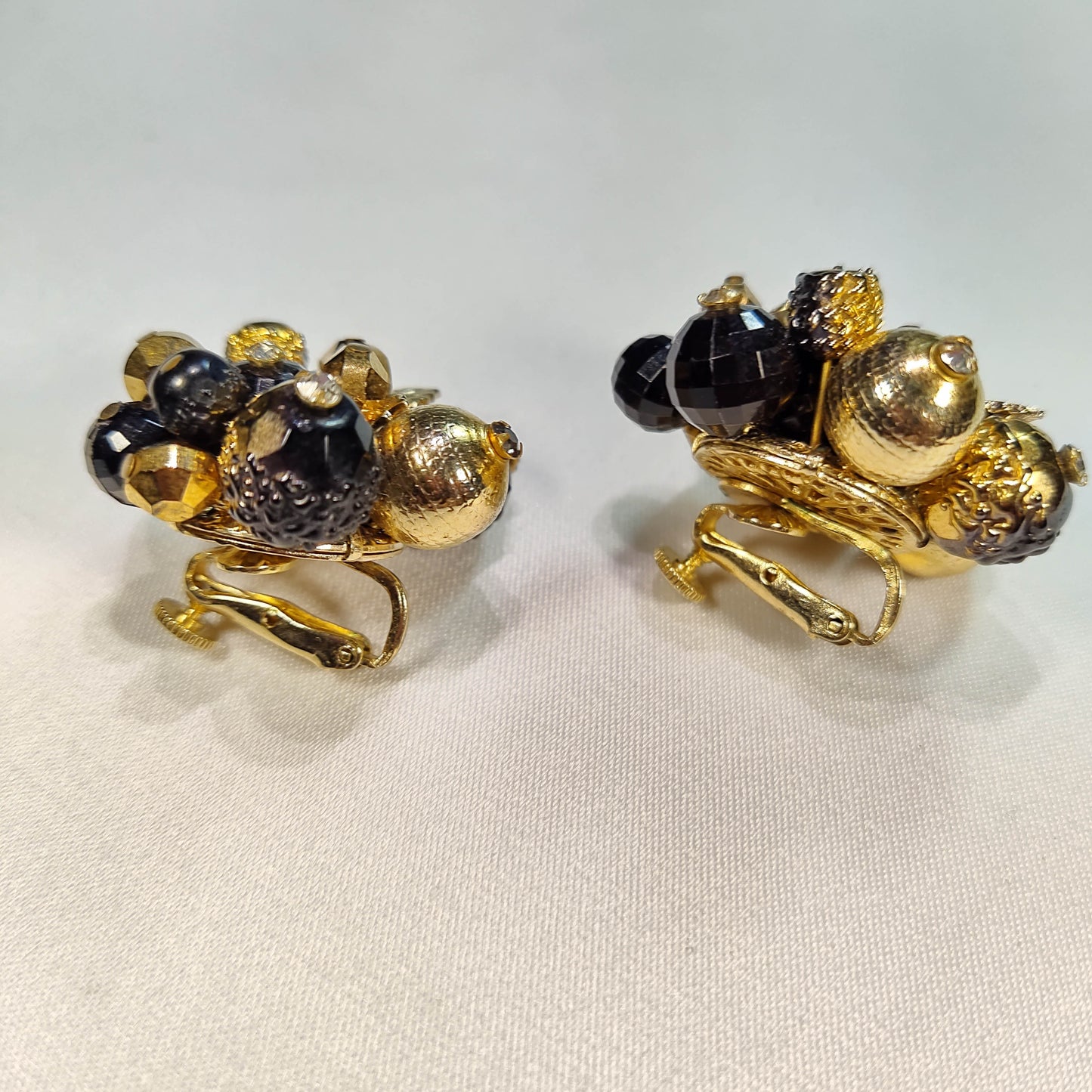 1960's Vintage Gold and Black Bead Cluster Clip Earrings by Vendome