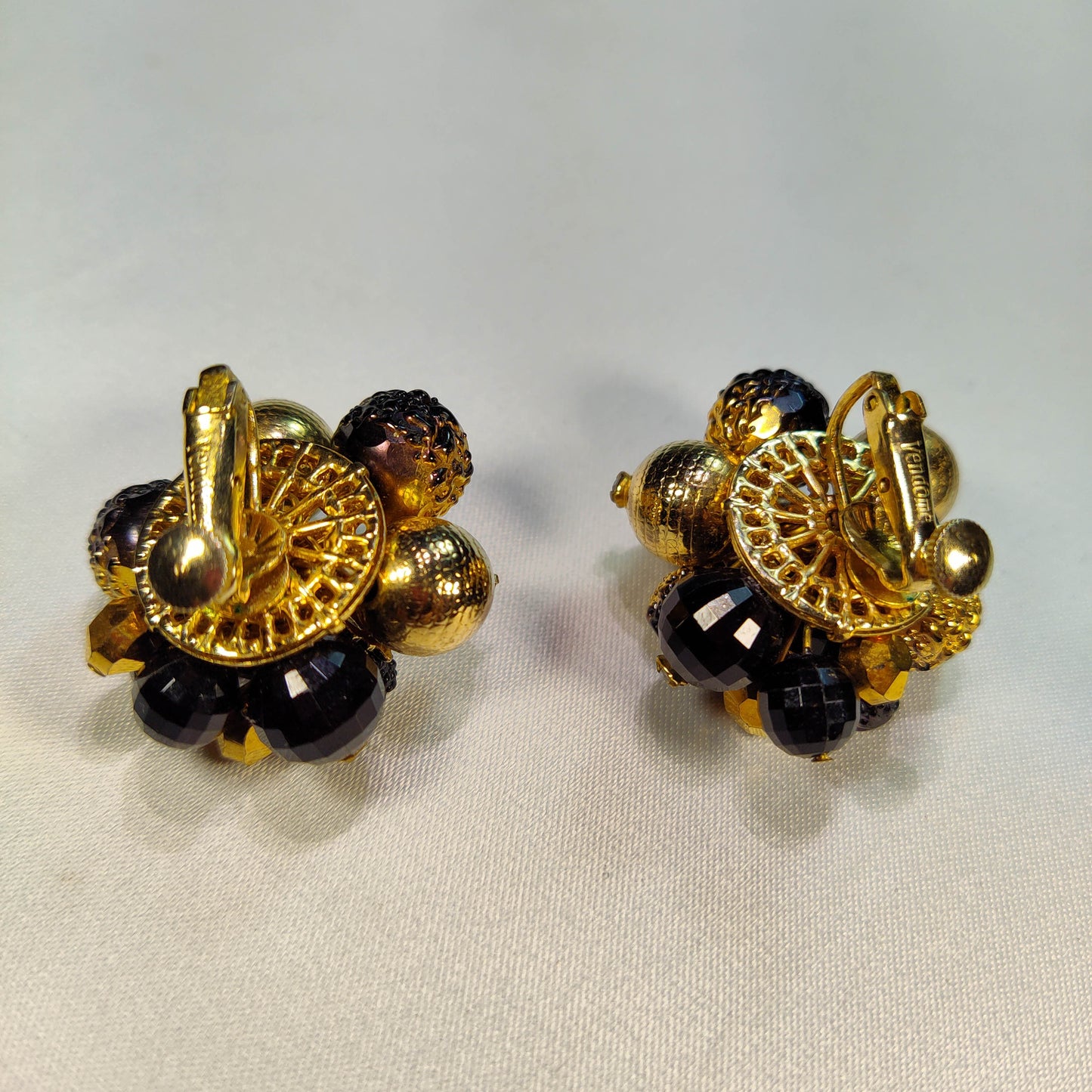 1960's Vintage Gold and Black Bead Cluster Clip Earrings by Vendome
