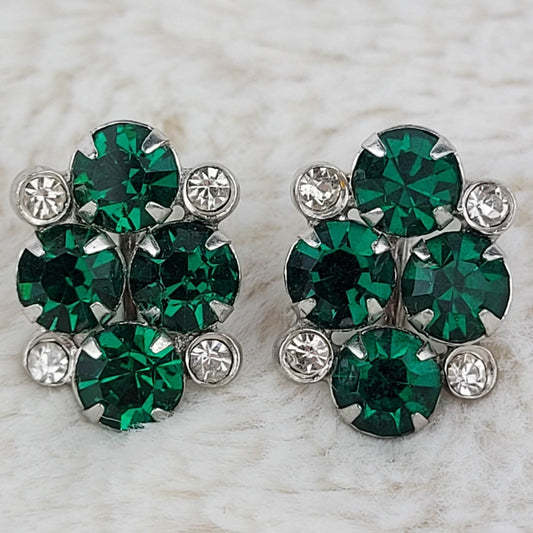 1940's Vintage Green Rhinestone Cluster Screwback Earrings
