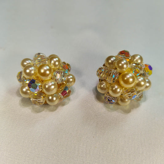 1950's Vintage Pearl Bead and Aurora Borealis Crystal Cluster Clip Earrings by Lisner