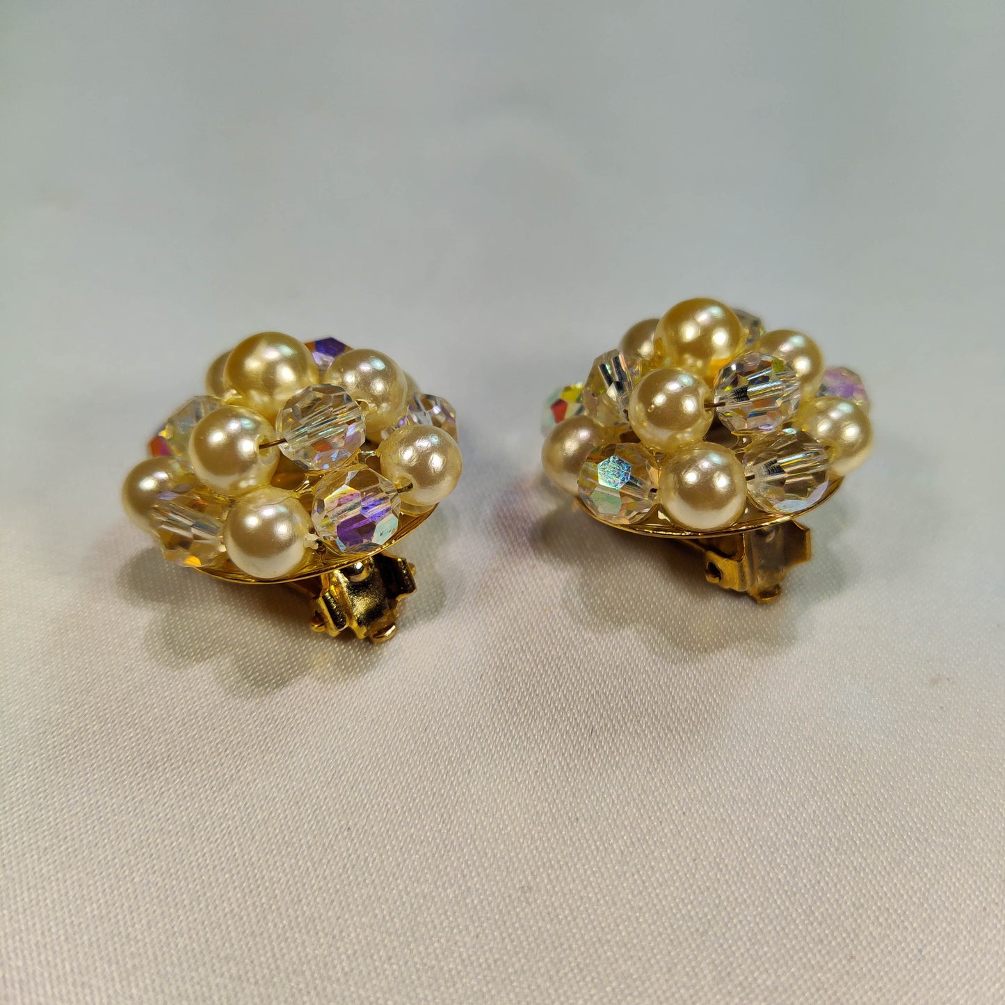 1950's Pearl Bead and Aurora Borealis Crystal Cluster Clip Earrings by Lisner