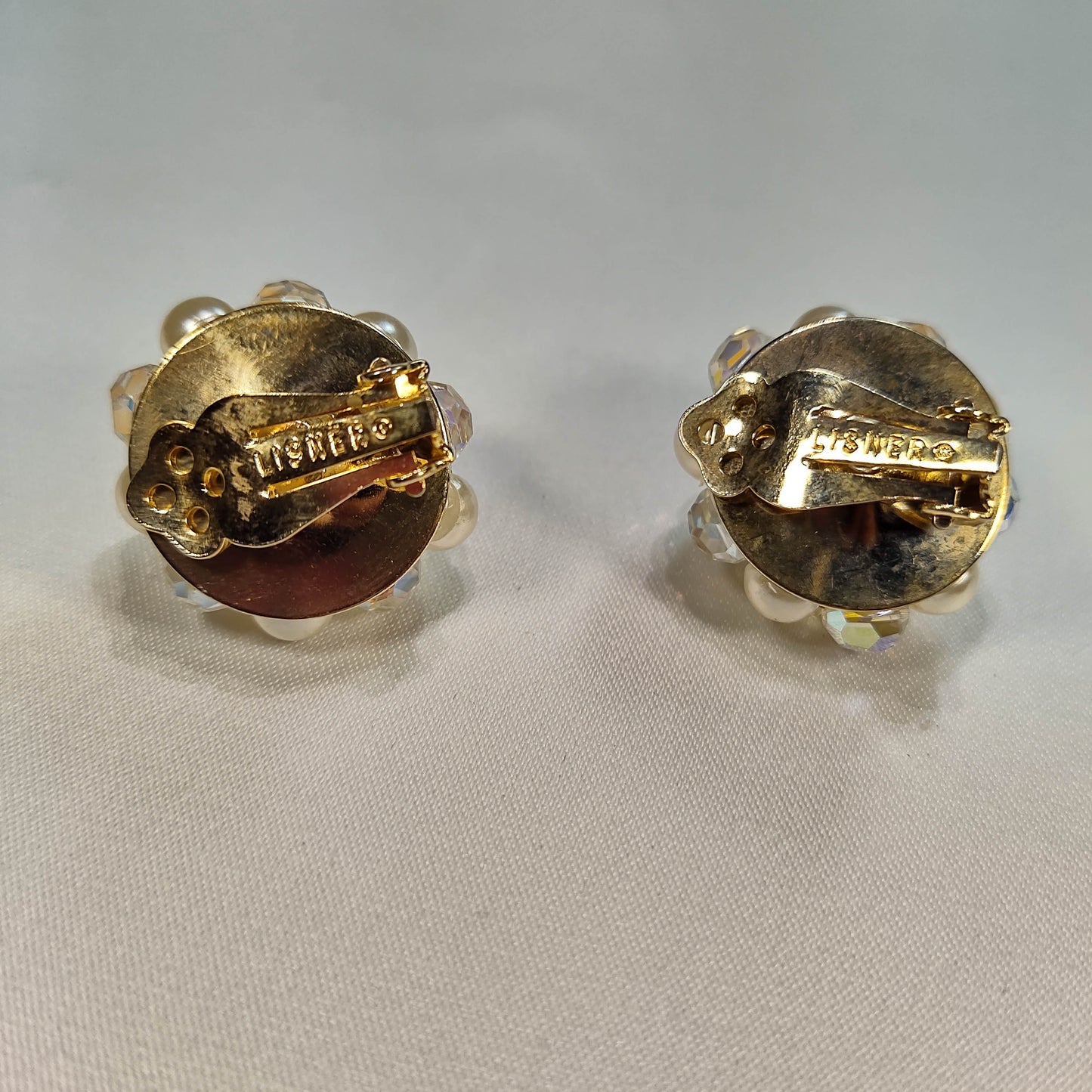 1950's Pearl Bead and Aurora Borealis Crystal Cluster Clip Earrings by Lisner