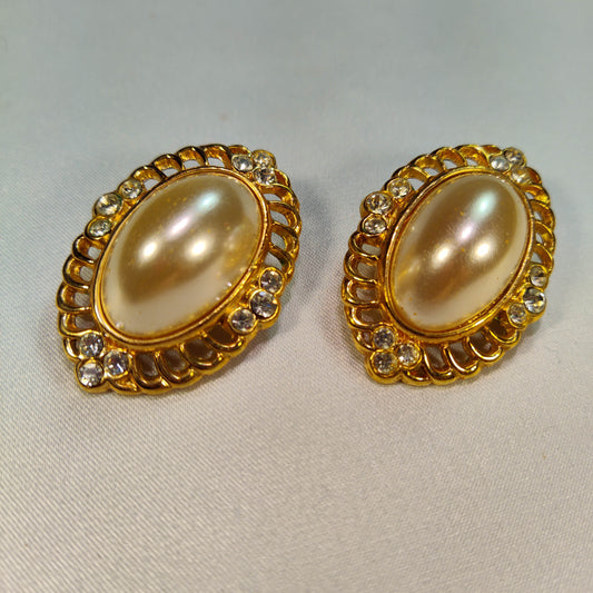 1960's Vintage Oval Pearlescent and Rhinestone Clip Earrings
