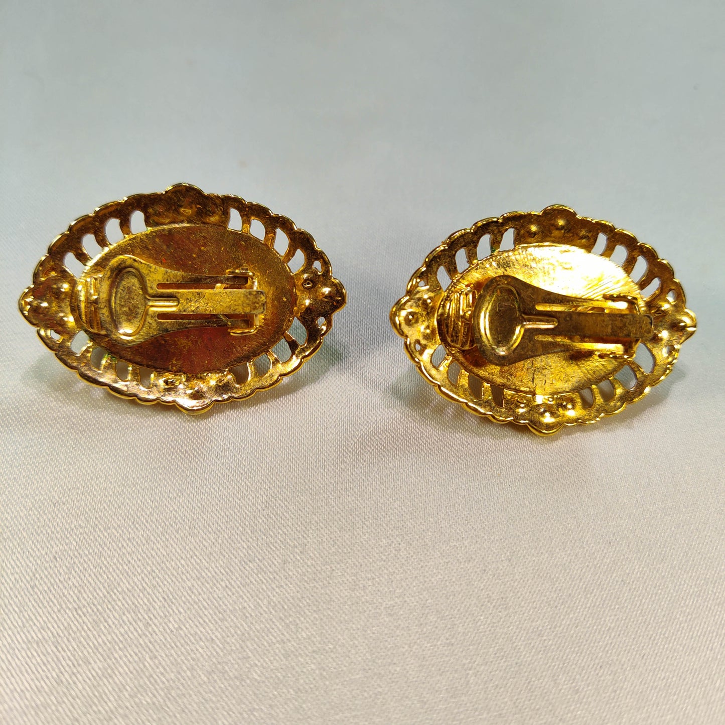 1960's Oval Pearlescent and Rhinestone Clip Earrings