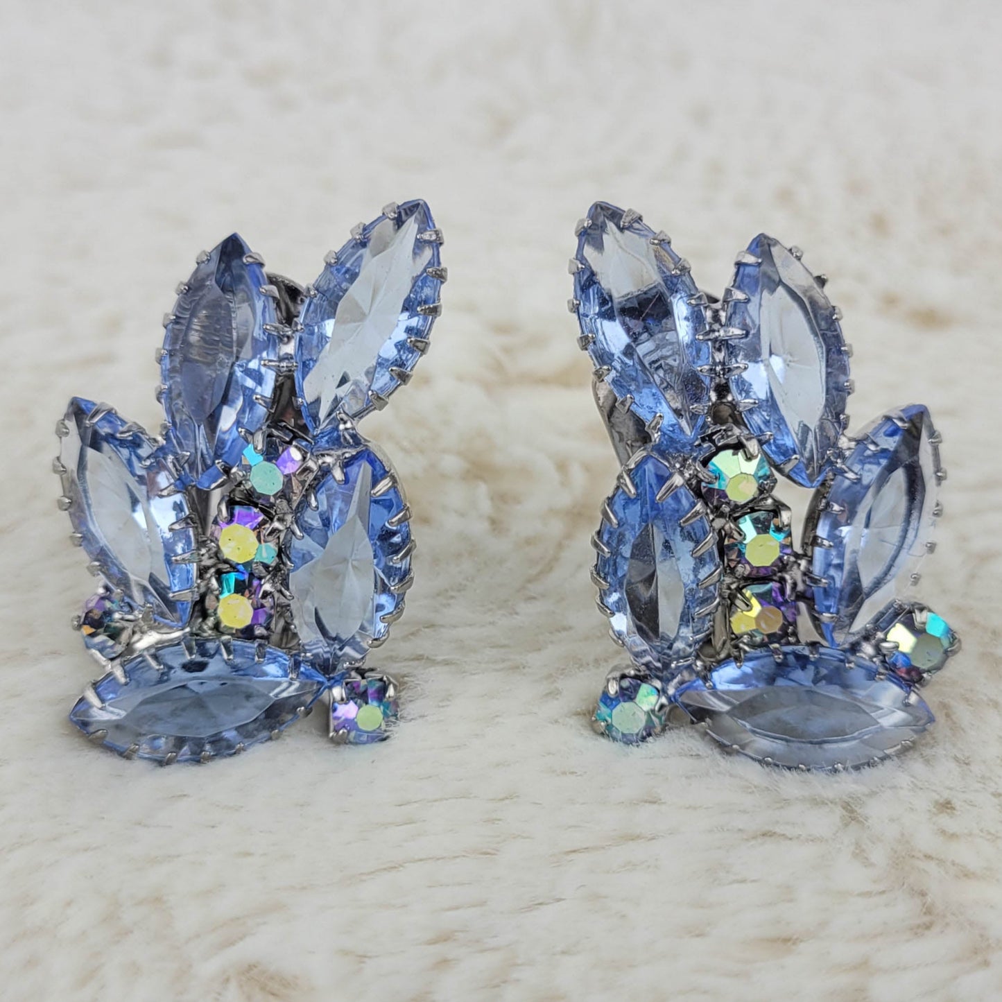 1950's Ice Blue and Aurora Borealis Rhinestone Clip Earrings