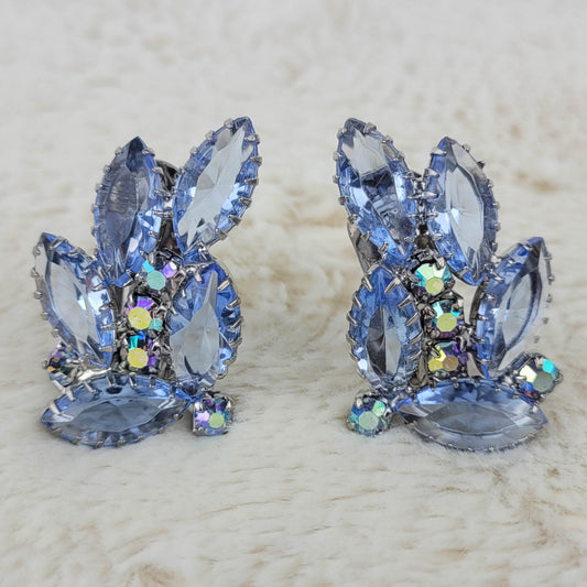 1950's Vintage Ice Blue and Aurora Borealis Rhinestone Clip Earrings