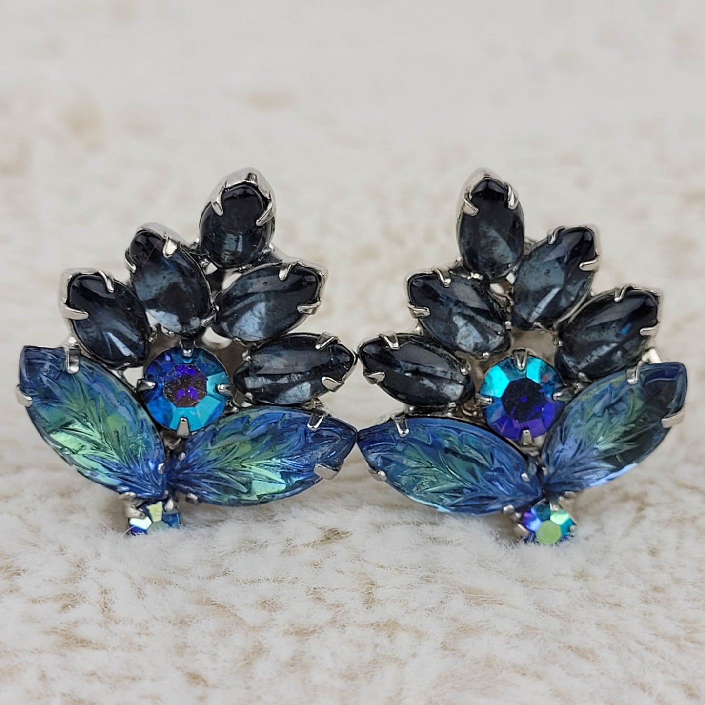 1950's Blue and Aurora Borealis Rhinestone Leaf Clip Earrings