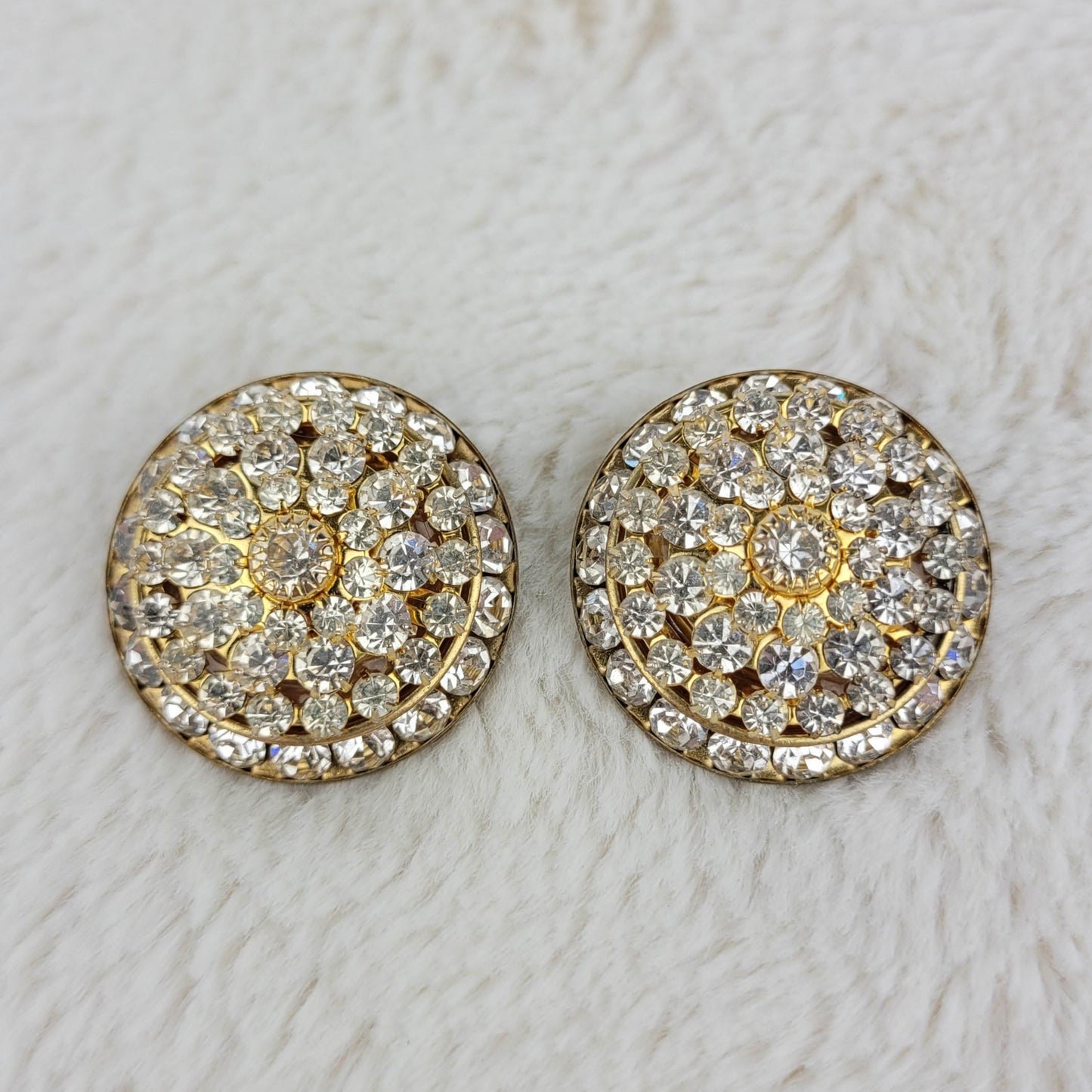 1950's Gold Tone and Rhinestone Circular Clip Earrings