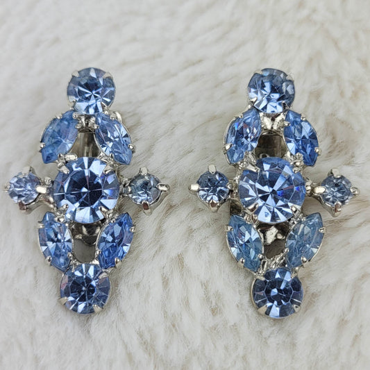 1950's Vintage Ice Blue Rhinestones Diamond Shaped Clip Earrings